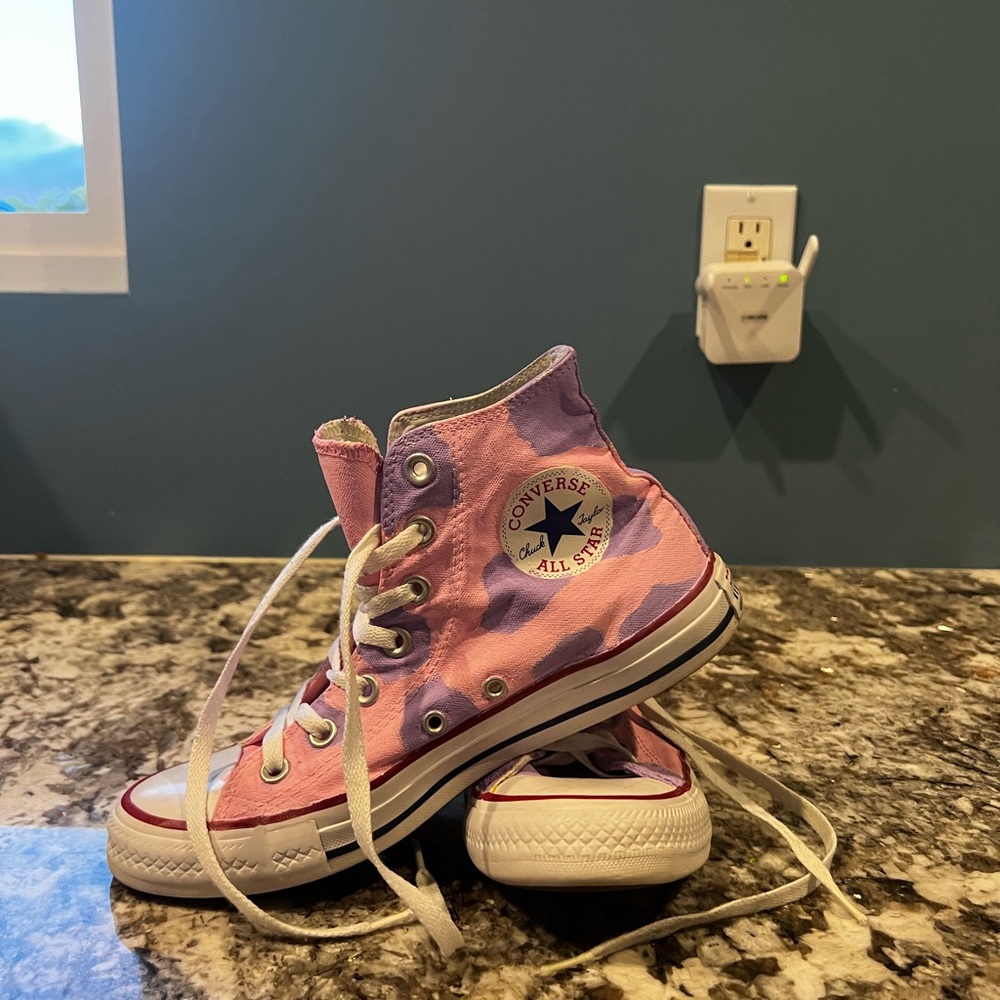 Painted Cow Print Pink and White High Top Converse! size 8
